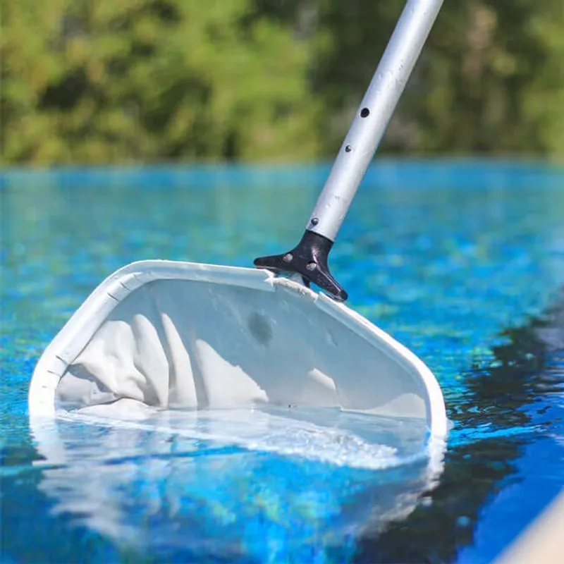 Pool skimmer net cleaning the water surface